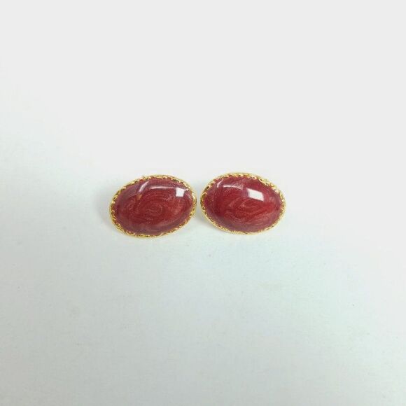 Vintage Little Red Enamel Oval Shape Stud Earrings, Gold Tone settings, Minimal - Picture 5 of 5